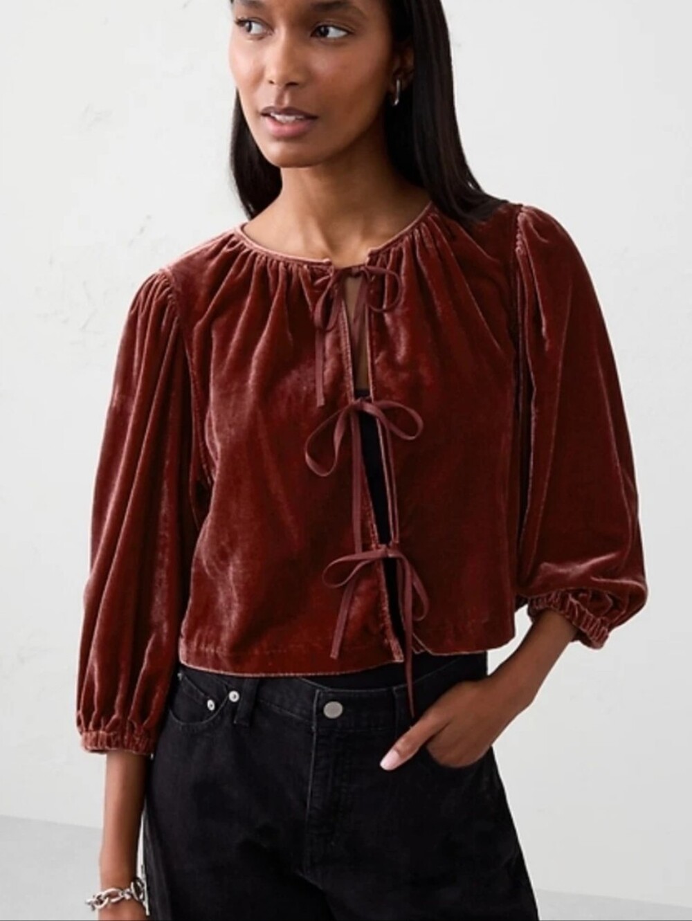 Banana Republic Factory Velvet Tie-Front Peasant Top - Burgundy